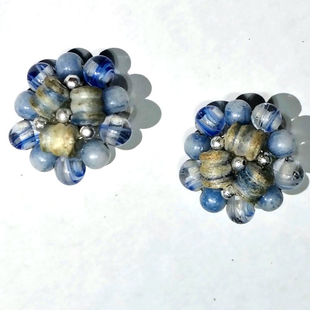 50s Blue Swirl Fairy Core Flower Earrings Cottagecore Grannycore Coastal Artisan